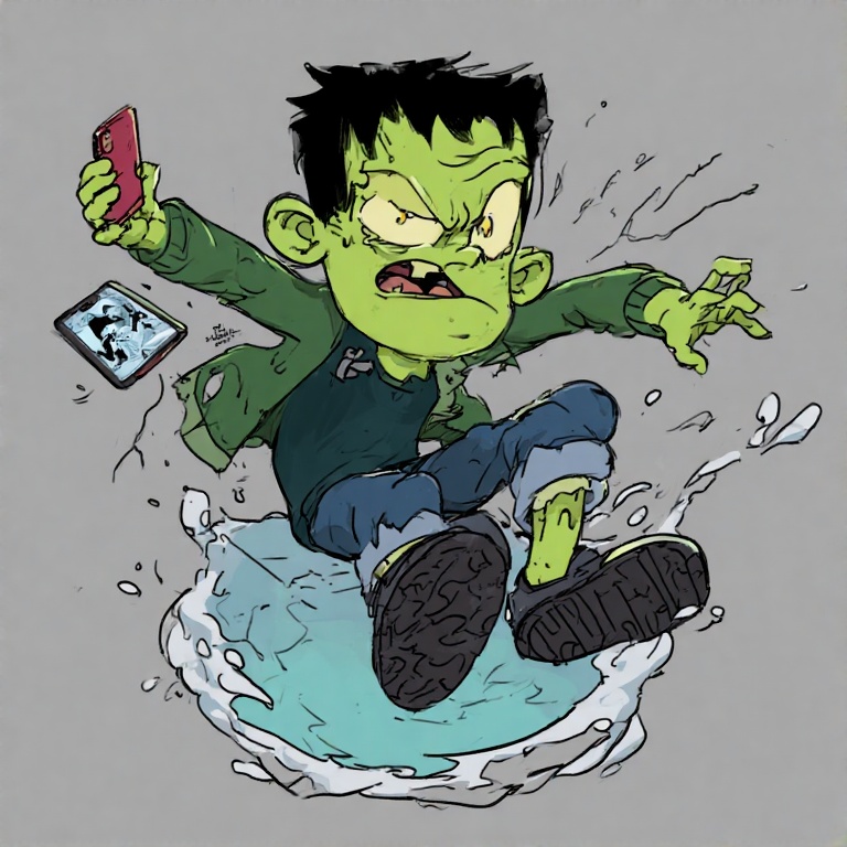 frankensteinwithphonefallingintowell