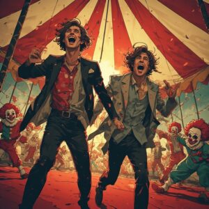 finn brothers trying to run from the big tent of clowns