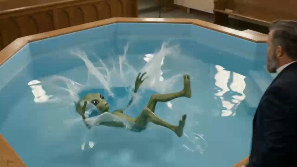 space alien falls into baptistery
